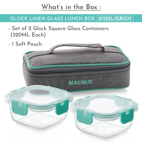 Magnus Glock Linen Glass Lunch Box with Flat Pouch and Detachable Clip, Includes 2 Square Airtight, Leakproof, Microwave Safe Borosilicate Glass Containers, 320 ML Each - Premium Lunch Boxes - Image 2