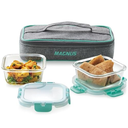Magnus Glock Linen Glass Lunch Box with Flat Pouch and Detachable Clip, Includes 2 Square Airtight, Leakproof, Microwave Safe Borosilicate Glass Containers, 320 ML Each - Premium Lunch Boxes - Image 1