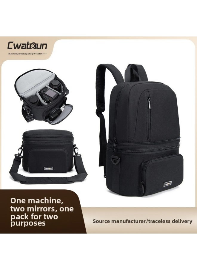 Generic - Cwatcun Hong Kong Shoulder Camera Bag Canvas Water-repellent Large Capacity Backpack SLR Set Camera Backpack-Color:Cw+d30+black (1 Machine, 2 Mirrors + One Pack For Dual Use + Upper And Lower Compartments + Water-repellent And Anti-collision + Lifetime Warranty) - Image 1