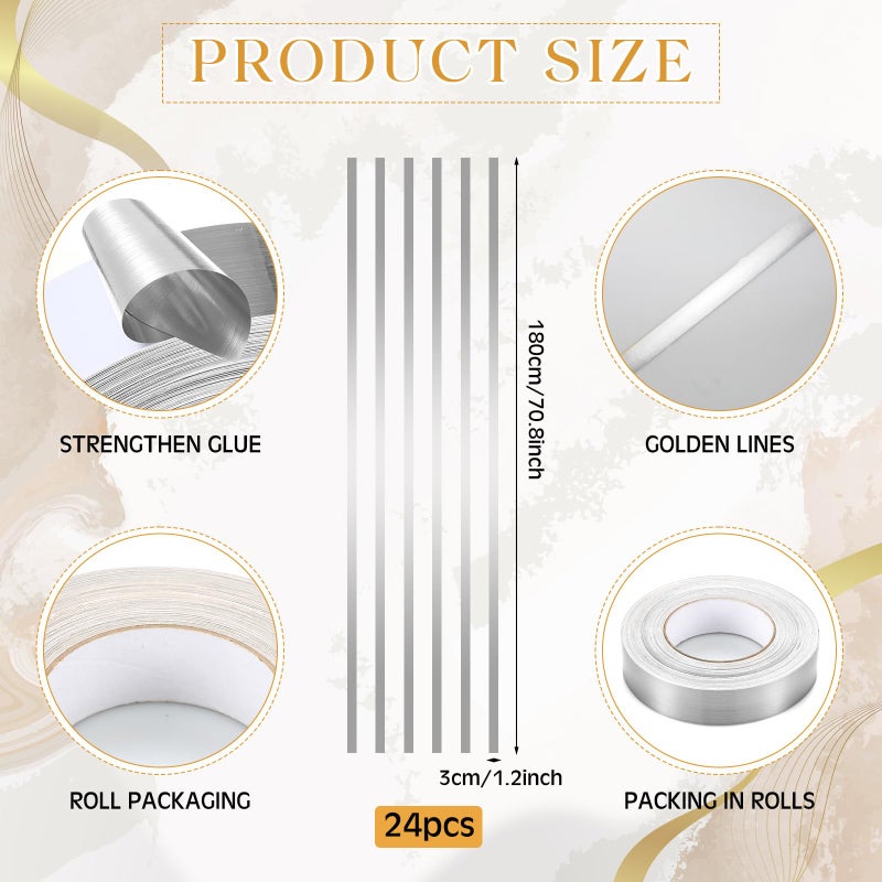 Hoolerry 24 Pcs Silver Wall Decals Peel and Stick 70.8 x 1.2 Inch Silver Tape for Wall Decor Metallic Line Adhesive Tile Stickers Mirror Stickers Graphic Tape for Home Crafts Decoration - Image 2