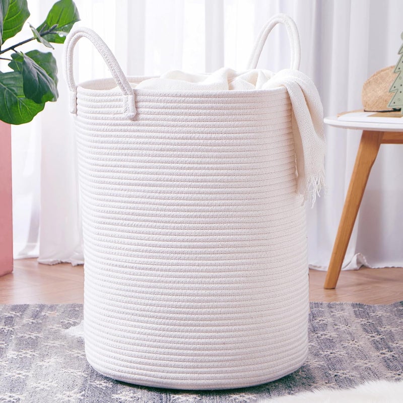 MOJOSCEND White Woven Cotton Rope Hamper Basket, 15x20 inches Tall, Large Clothes Hamper for Bedroom & College Dorm, Kids Laundry Basket - Image 1