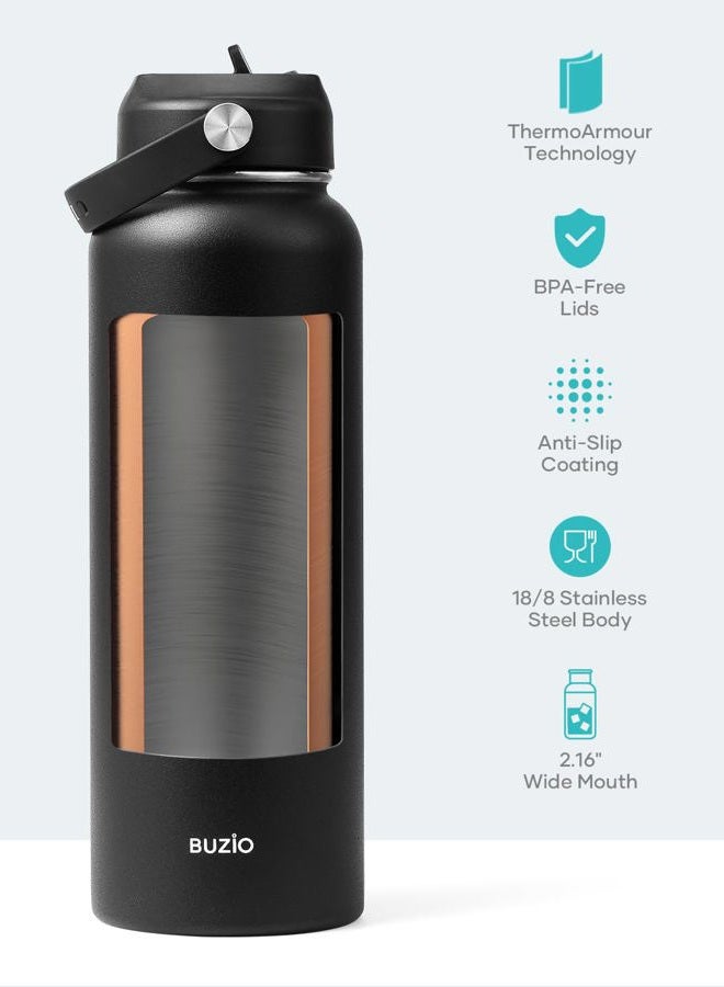 solingen 40oz Insulated Water Bottle, Triple Wall Vacuum Stainless Steel Water Flask with 2 lids, Lead-Free BPA-Free Straw Lid Sports Canteen Jug, Cold 48H & Hot 24H- Black - Image 4