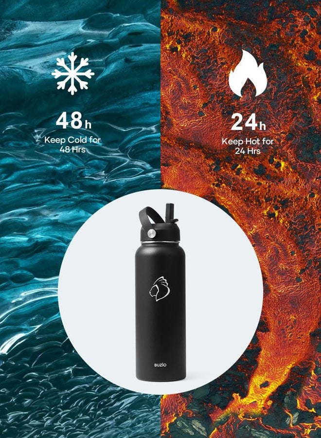 solingen 40oz Insulated Water Bottle, Triple Wall Vacuum Stainless Steel Water Flask with 2 lids, Lead-Free BPA-Free Straw Lid Sports Canteen Jug, Cold 48H & Hot 24H- Black - Image 2