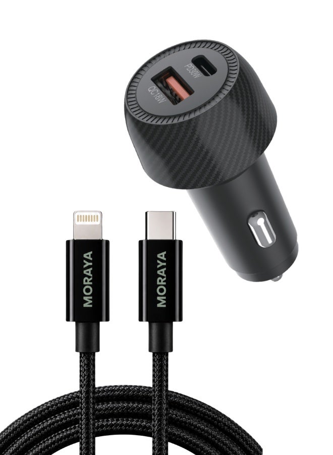 MORAYA 48W Car Charger with USB-C to Lightning Cable, Dual Port PD 30W QC 18W Fast Car Charger, 27W Braided iPhone Charging Cable for iPhone 14 13 12 11, iPad, AirPods