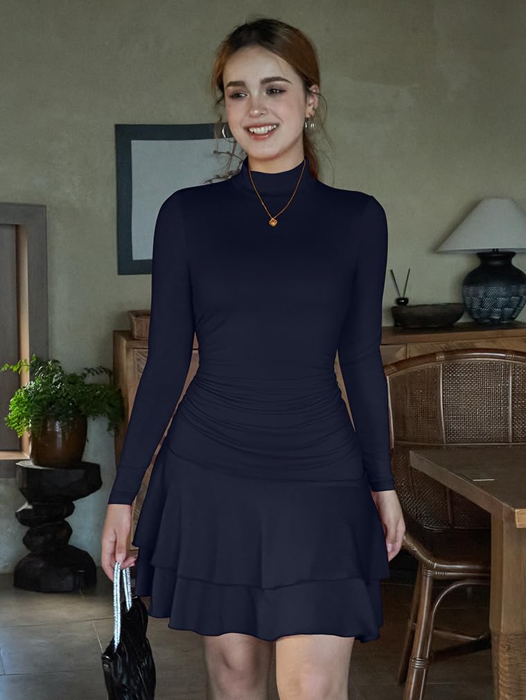 LAGSHIAN Women's High Neck Ruffle Hem Mini Dress Long Sleeve Ruched Short Club Party Dresses Navy - Image 2