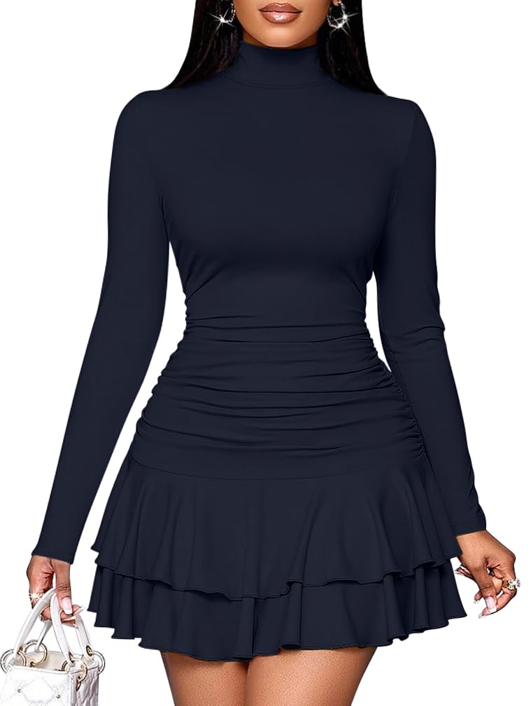 LAGSHIAN Women's High Neck Ruffle Hem Mini Dress Long Sleeve Ruched Short Club Party Dresses Navy - Image 1