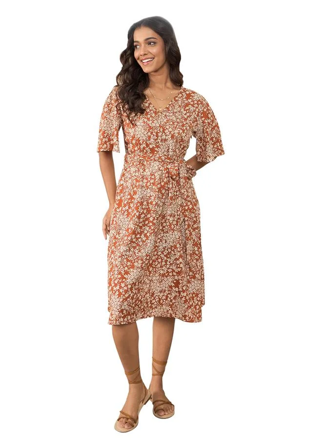 StyleStone Stylestone Brown Floral Print Wrap Knee Length Dress