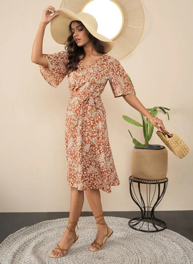 StyleStone Stylestone Brown Floral Print Wrap Knee Length Dress