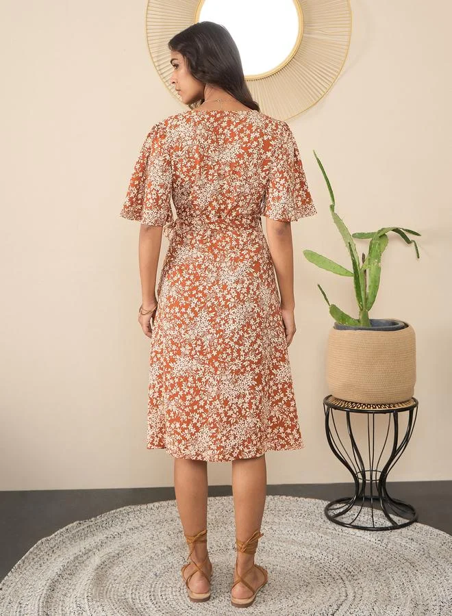 StyleStone Stylestone Brown Floral Print Wrap Knee Length Dress