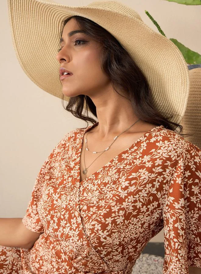 StyleStone Stylestone Brown Floral Print Wrap Knee Length Dress