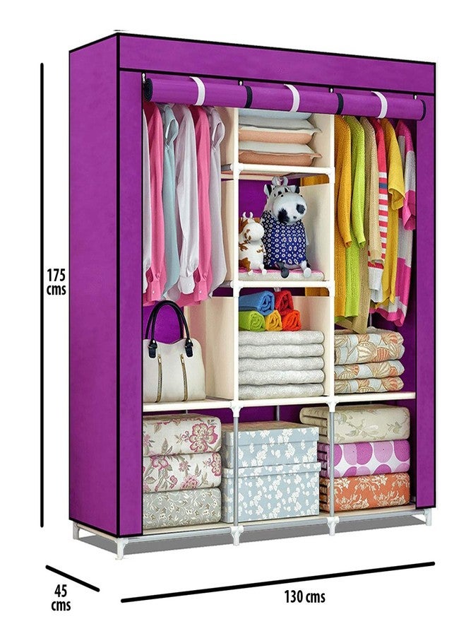 Shopper52 Shopper 52.com Fancy & Portable Fabric Collapsible Foldable Clothes Closet Wardrobe Storage Rack Organizer Cabinet Cupboard Almirah 3 Door Wardrobe Collapsible Wardrobe (Purple) - 88130A-PR - Image 2