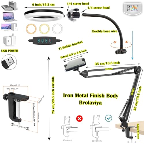 BROLAVIYA Overhead Video Stand with 6-inch Ring Light, Metal arm Body,1/4" Ball Head for Camera,Webcam with Bracket for Mobile,Overhead Video,Desktop,Bedroom, Office. - Image 3