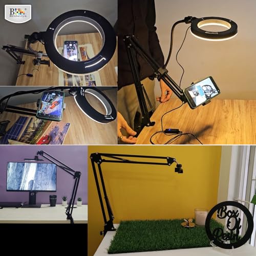 BROLAVIYA Overhead Video Stand with 6-inch Ring Light, Metal arm Body,1/4" Ball Head for Camera,Webcam with Bracket for Mobile,Overhead Video,Desktop,Bedroom, Office. - Image 2