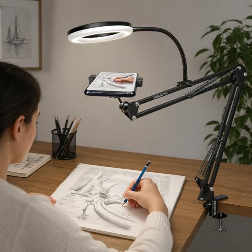 BROLAVIYA Overhead Video Stand with 6-inch Ring Light, Metal arm Body,1/4" Ball Head for Camera,Webcam with Bracket for Mobile,Overhead Video,Desktop,Bedroom, Office. - Image 5