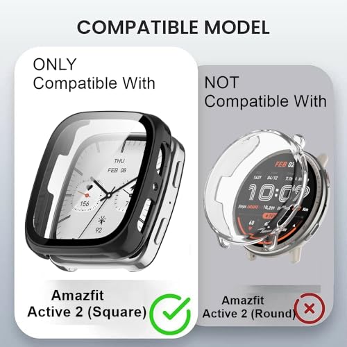 Wisely Shine Protective Slim Bumper Tempered Glass Case Cover Compatible with Amazfit Active 2 Square, Luxury Black - Image 2