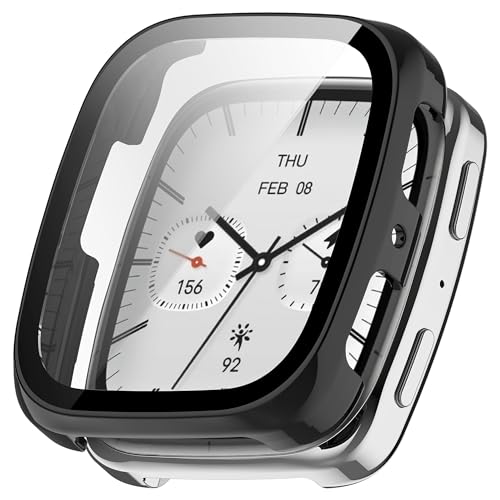 Wisely Shine Protective Slim Bumper Tempered Glass Case Cover Compatible with Amazfit Active 2 Square, Luxury Black - Image 1