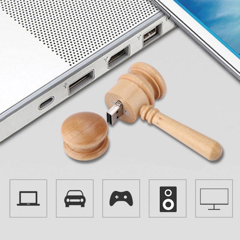 شكل مطرقة خشبية فلاش USB سعة 32 جيجابايت تخزين بيانات حرفي خشبي فريد - مقاوم للاهتزاز ذاكرة USB 2.0 للاستخدام الشخصي - Image 4
