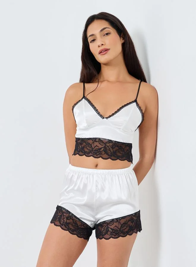 Take Two Take Two Contrast Lace Trim Crop Top and Shorts Set