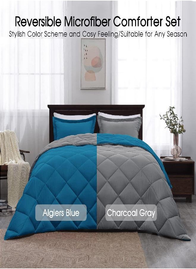 Basic Beyond Basic Beyond Down Alternative Comforter Set (Twin, Algiers Blue/Charcoal Gray) - Reversible Bed Comforter with 1 Pillow Sham for All Seasons 