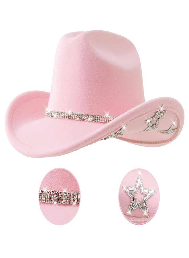 Jastore Kids Girls Boys Bling Rhinestone Western Cowgirl Hat Sparkly Star Disco Cowboy Hat (US, Age, 5 Years, 10 Years, Light Pink) - Image 1