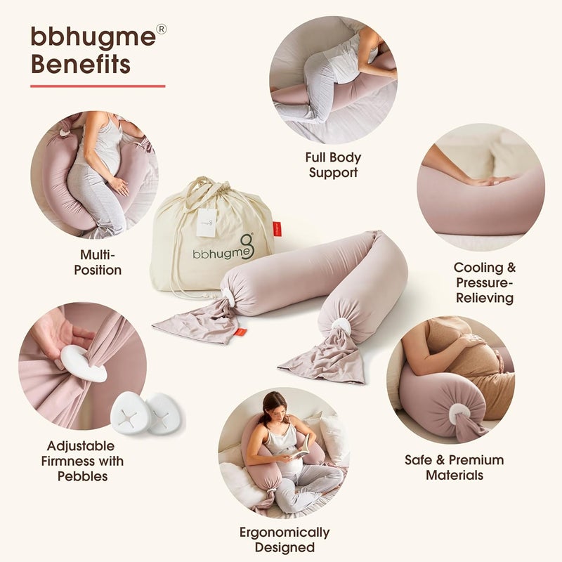 bbhugme Adjustable Pregnancy Pillow Bundle  Full Body Support for Side Sleeping  Adjustable Firmness and Shape  Removable Cover  Dusty Pink  Stone - Image 3
