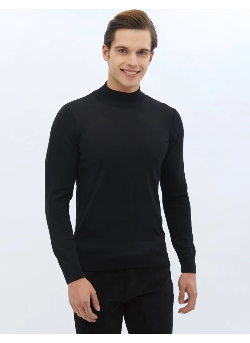 Kip Black Half Turtleneck Plain Knit Wool Blend Sweater