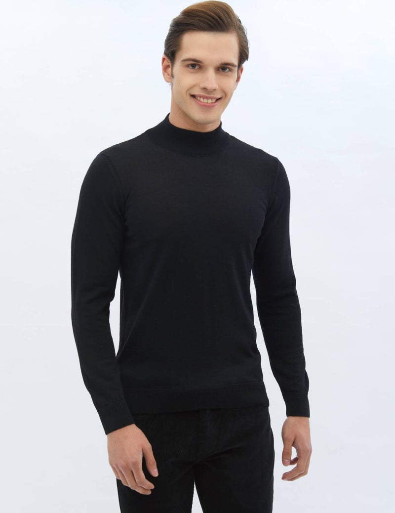 Black Half Turtleneck Plain Knit Wool Blend Sweater