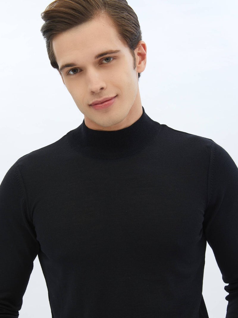Black Half Turtleneck Plain Knit Wool Blend Sweater