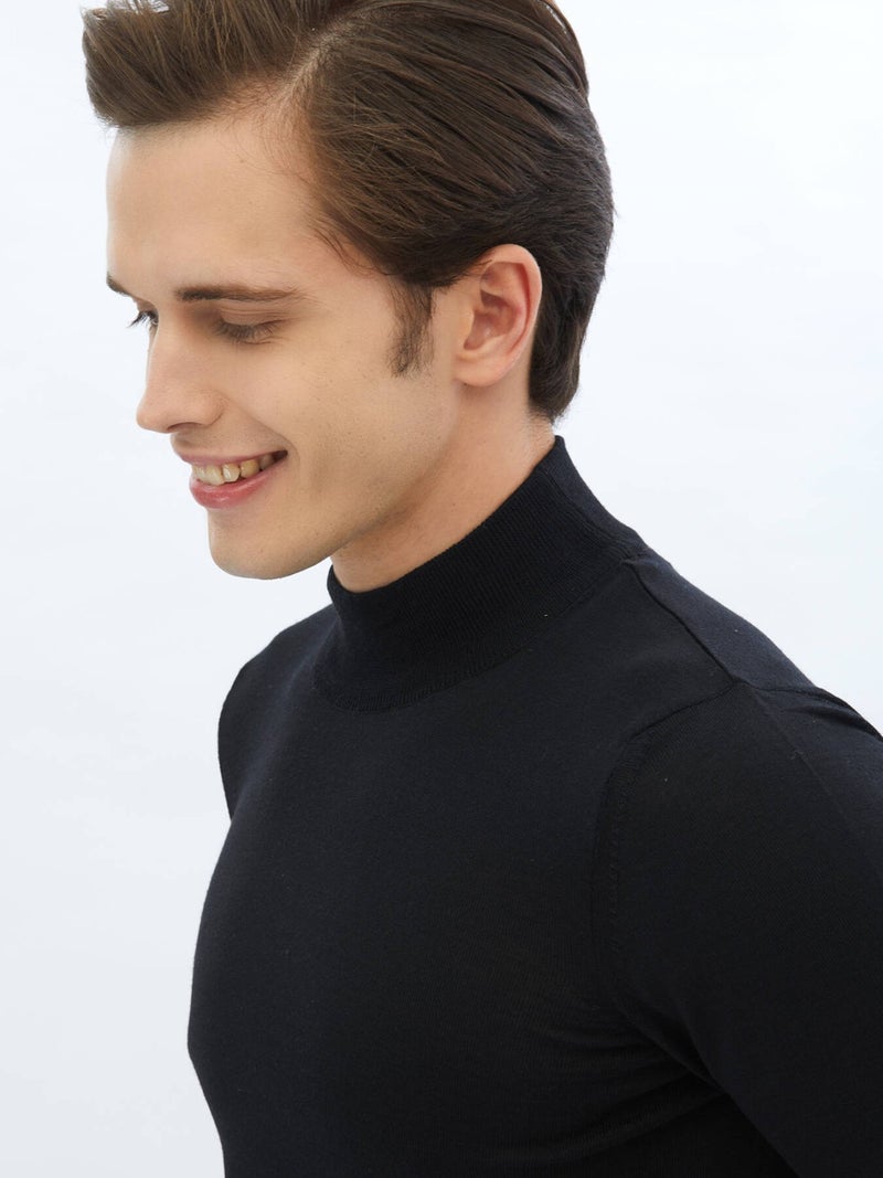 Black Half Turtleneck Plain Knit Wool Blend Sweater