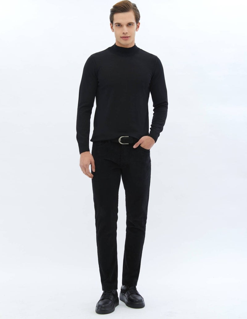 Black Half Turtleneck Plain Knit Wool Blend Sweater