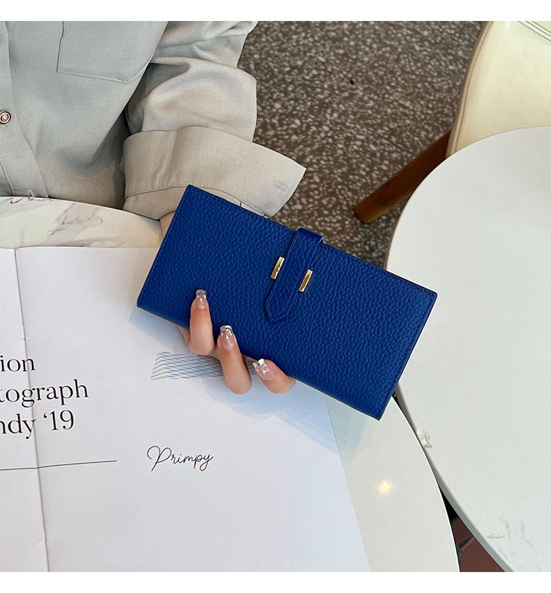 Genuine Leather Long Womens Wallet Hot-selling Top-layer Cowhide Two-fold Clutch Bag Womens Multi-card Design Mobile Phone Bag sapphire blue
