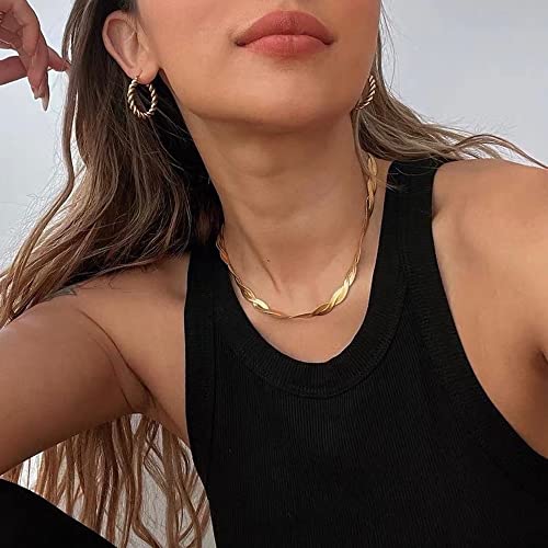 Tewiky Chunky Necklace, Dainty Statement Necklace 14k Gold Plated Thick Chain Necklace Simple Chunky Twisted Herringbone Choker Necklaces for Women - Image 4