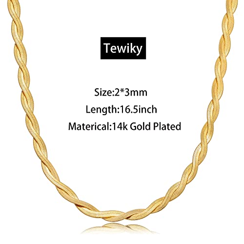 Tewiky Chunky Necklace, Dainty Statement Necklace 14k Gold Plated Thick Chain Necklace Simple Chunky Twisted Herringbone Choker Necklaces for Women - Image 5