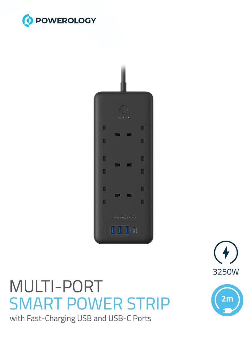 Powerology Multiport Smart Power Strip with Fast-Charging USB and USB-C Ports 3m Cable / PD 30W Power Socket / UK Socket / Mac Charger / 6 AC 3 USB & USB-C - Black  - Image 1