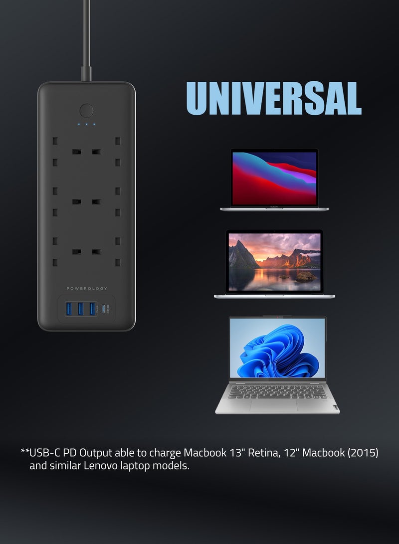 Powerology Multiport Smart Power Strip with Fast-Charging USB and USB-C Ports 3m Cable / PD 30W Power Socket / UK Socket / Mac Charger / 6 AC 3 USB & USB-C - Black  - Image 4