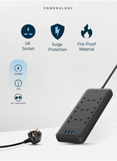Powerology Multiport Smart Power Socket 3250W with 6 AC 3 USB & USB-C / PD 30W/ 13A /2M Wire - Black  - Image 2