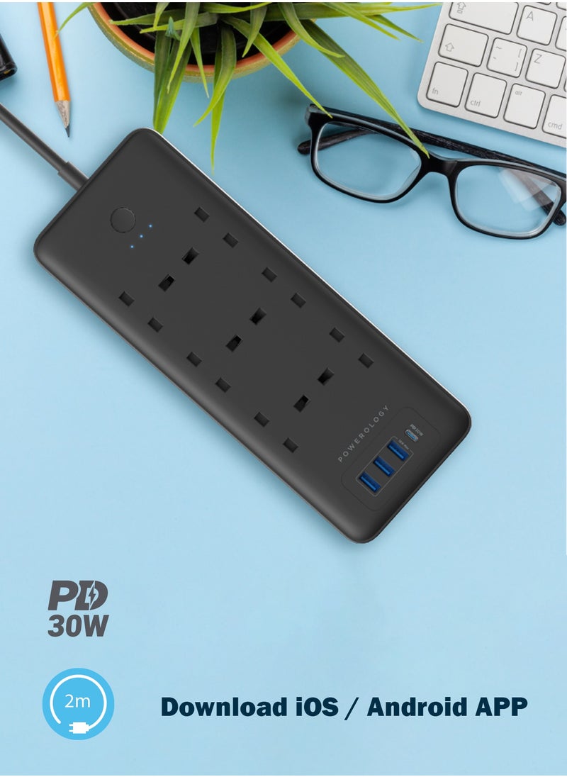 Powerology Multiport Smart Power Socket 3250W with 6 AC 3 USB & USB-C / PD 30W/ 13A /2M Wire - Black  - Image 5