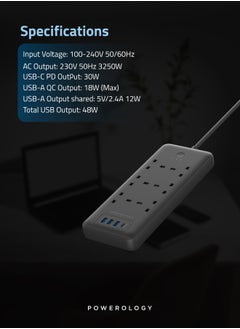 Powerology Multiport Smart Power Socket 3250W with 6 AC 3 USB & USB-C / PD 30W/ 13A /2M Wire - Black  - Image 3