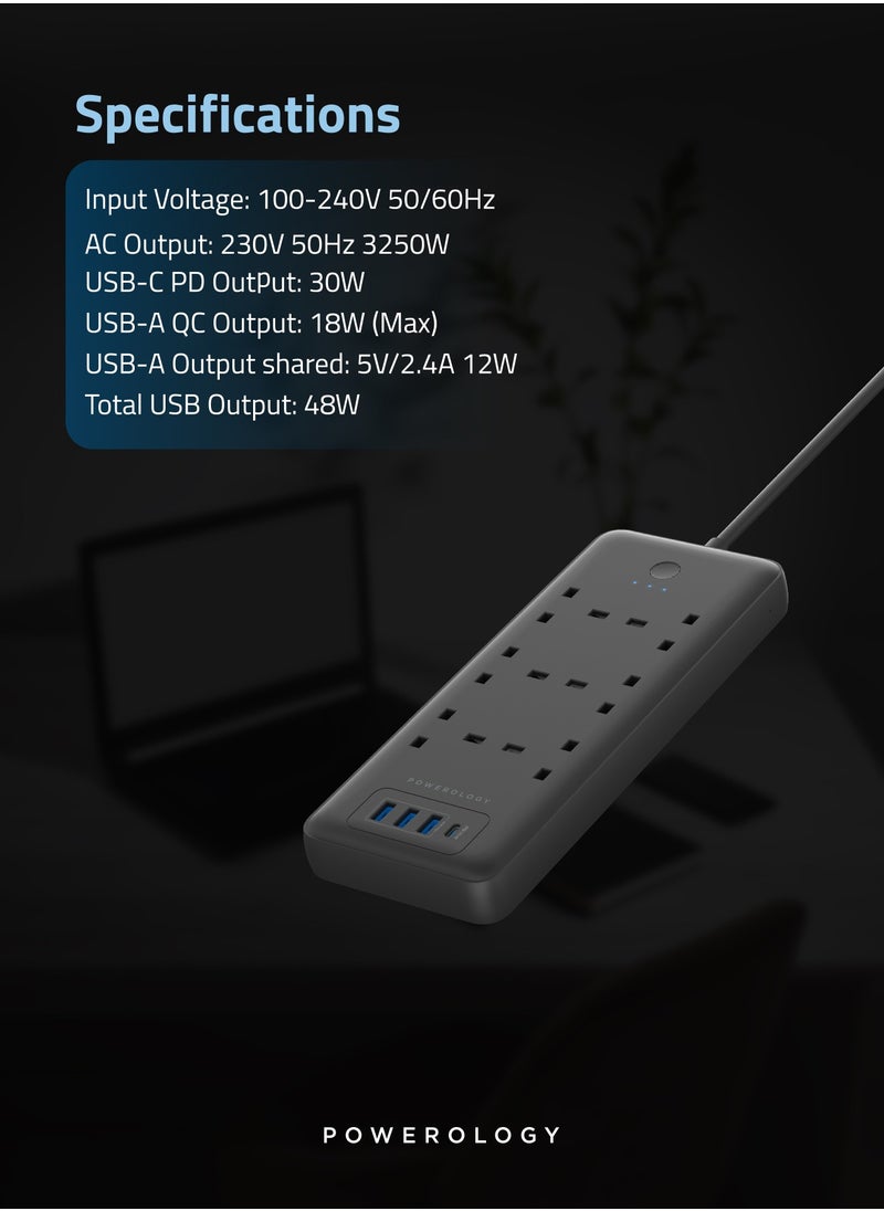 Powerology Multiport Smart Power Socket 3250W with 6 AC 3 USB & USB-C / PD 30W/ 13A /2M Wire - Black  - Image 3