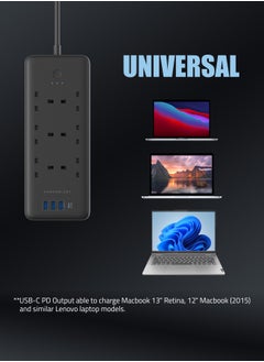 Powerology Multiport Smart Power Socket 3250W with 6 AC 3 USB & USB-C / PD 30W/ 13A /2M Wire - Black  - Image 4