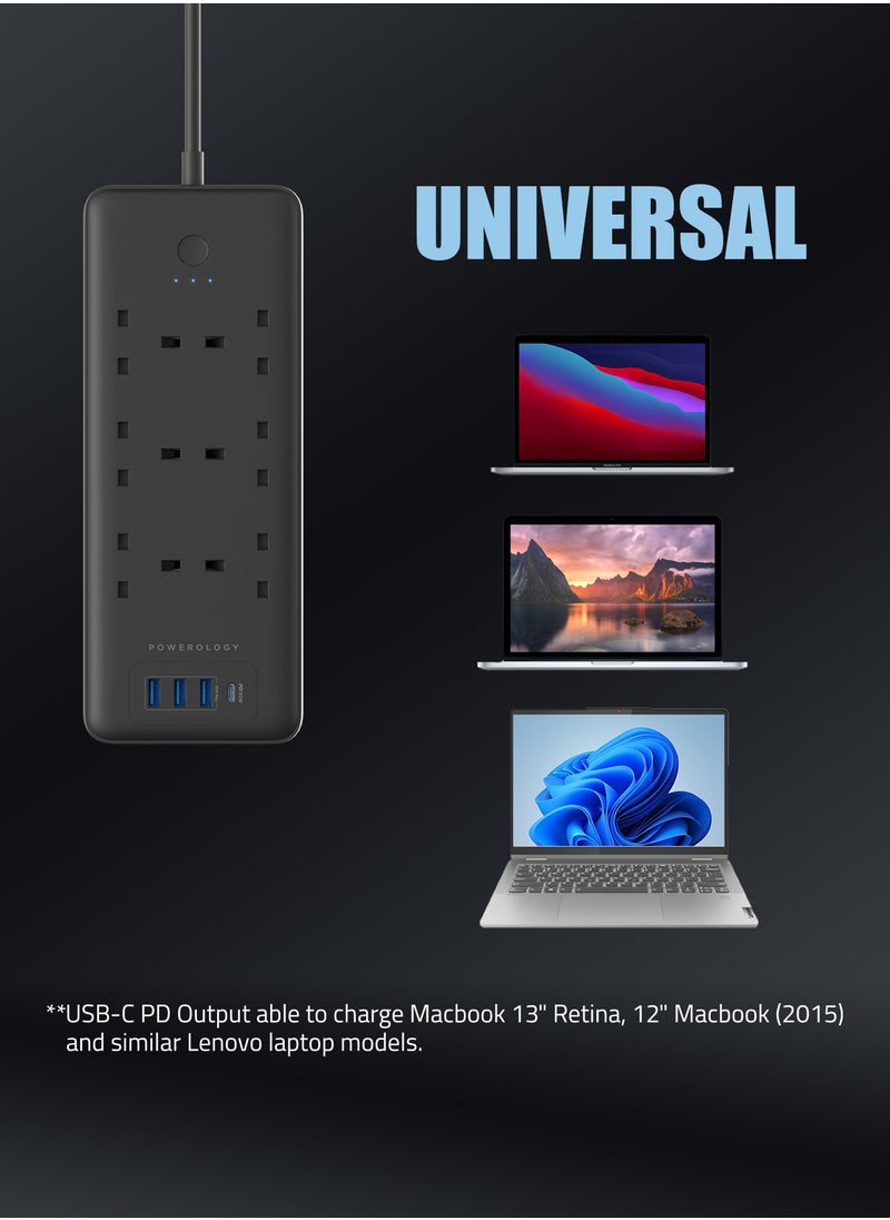 Powerology Multiport Smart Power Socket 3250W with 6 AC 3 USB & USB-C / PD 30W/ 13A /2M Wire - Black  - Image 4