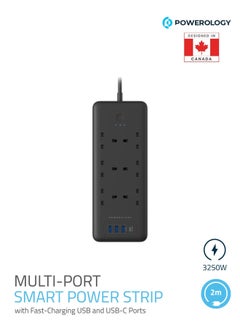 Powerology Multiport Smart Power Socket 3250W with 6 AC 3 USB & USB-C / PD 30W/ 13A /2M Wire - Black  - Image 1
