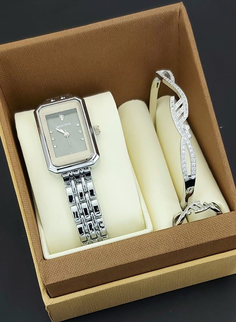 Analog watch, bracelet and ring set for women