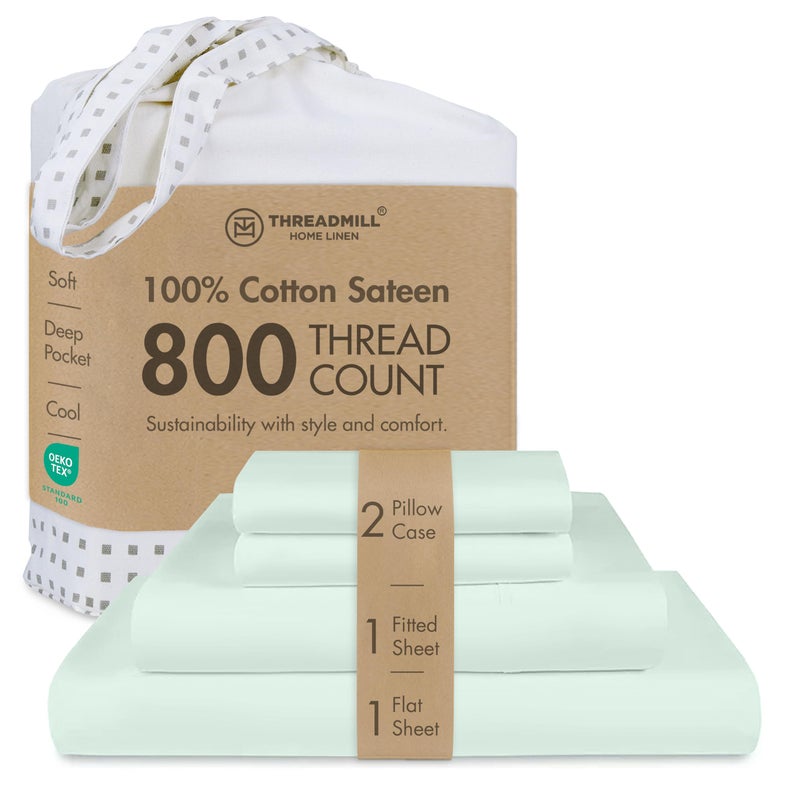 Threadmill Queen Sheet Set | 800 Thread Count Queen Bed Sheets for Queen Mattress with 16â€ Deep Pocket | Sateen Weave, Better Than Egyptian Cotton, 4-Piece Bedding Set with Cooling Effect | Seaglass - Image 1