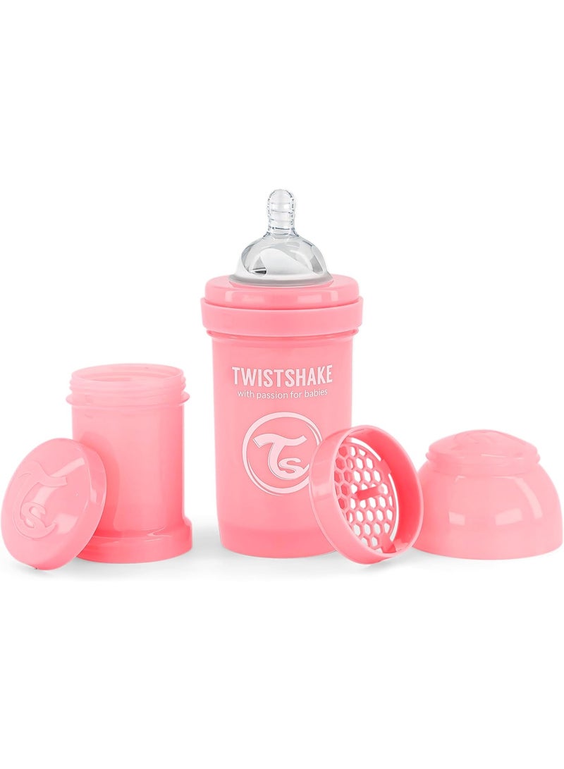 Twistshake Anti-Colic Baby Bottle with Milk Powder Container and Mixer - 180ml | Slow Flow Silicone Breast-Like Nipple | BPA- Free | Suitable for Newborns (0+) | Pink - Image 1