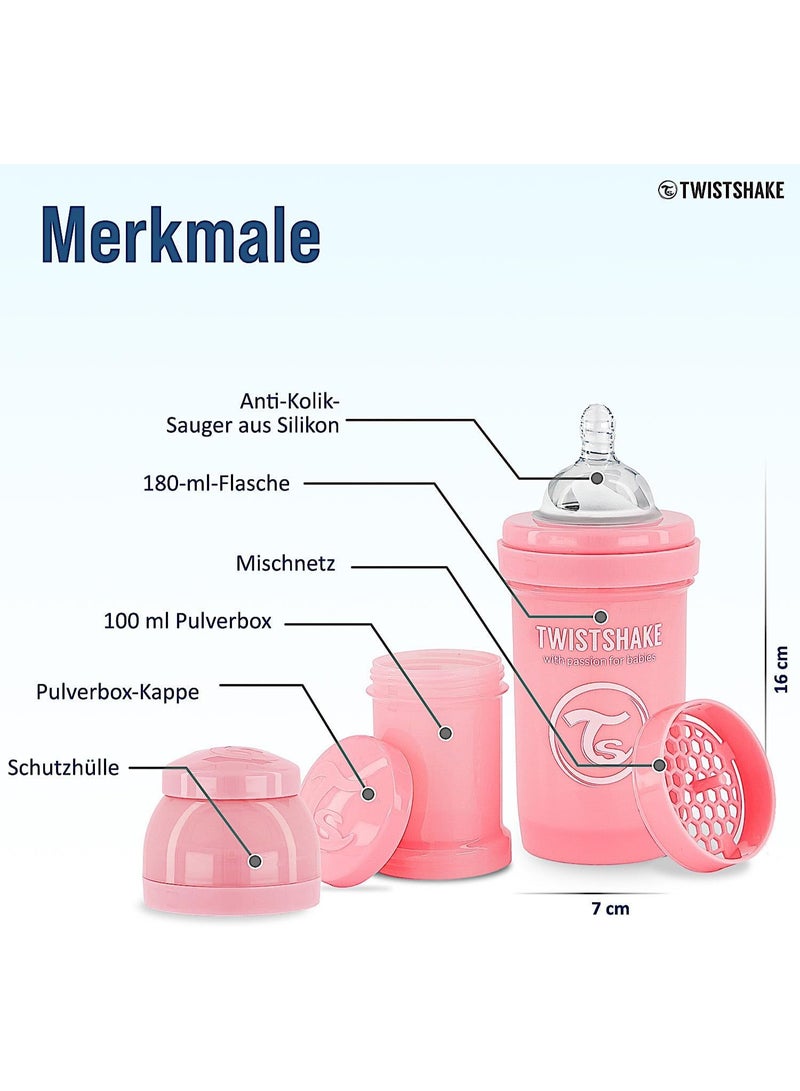 Twistshake Anti-Colic Baby Bottle with Milk Powder Container and Mixer - 180ml | Slow Flow Silicone Breast-Like Nipple | BPA- Free | Suitable for Newborns (0+) | Pink - Image 3