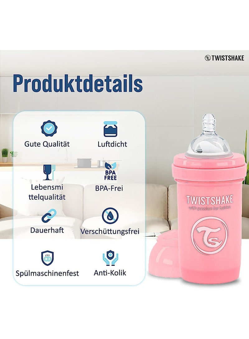 Twistshake Anti-Colic Baby Bottle with Milk Powder Container and Mixer - 180ml | Slow Flow Silicone Breast-Like Nipple | BPA- Free | Suitable for Newborns (0+) | Pink - Image 5