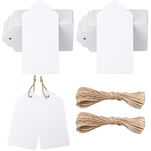 KINGLAKE 100 Pcs White Kraft Paper Blank Tags with String Wedding Favor Hang Tags with 66 Feet Natural Jute Twine Retangle Tags for Crafts - Image 1