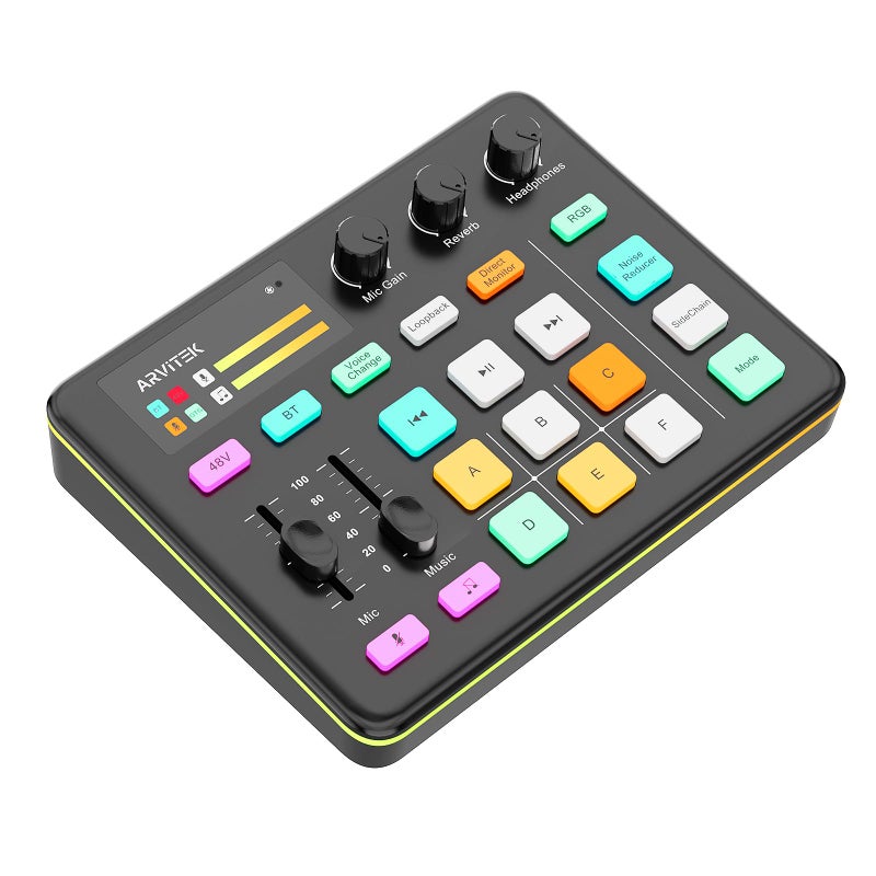 Arvitek Gaming Audio Mixer for PC, Audio Interface Sound Board w/RGB Effect, Support Bluetooth, XLR/TRS Microphone, 48V Phantom Power, Voice Changer Live Streaming, Podcasting, Content Create(Not for USB Mic) - Image 1