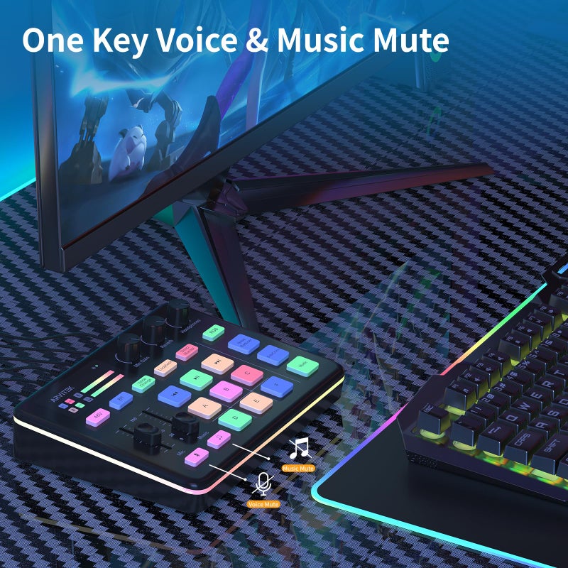 Arvitek Gaming Audio Mixer for PC, Audio Interface Sound Board w/RGB Effect, Support Bluetooth, XLR/TRS Microphone, 48V Phantom Power, Voice Changer Live Streaming, Podcasting, Content Create(Not for USB Mic) - Image 4